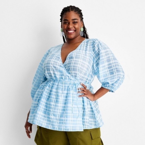 Future Collective - Blue Gingham Wrap Babydoll Blouse - Picture 2 of 14
